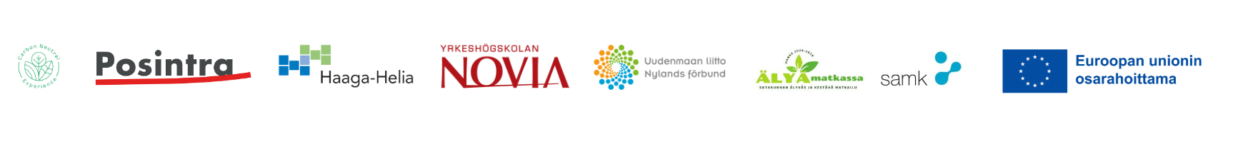 Hankkeessa mukana olevien kumppaneiden logot: Posintra, Haaga-Helia, Novia, SAMK, Uudenmaan liitto, Euroopan Unionin osarahoittama, Carbon neutral experience sekä Älyä matkassa -hankkeen oma logo.
