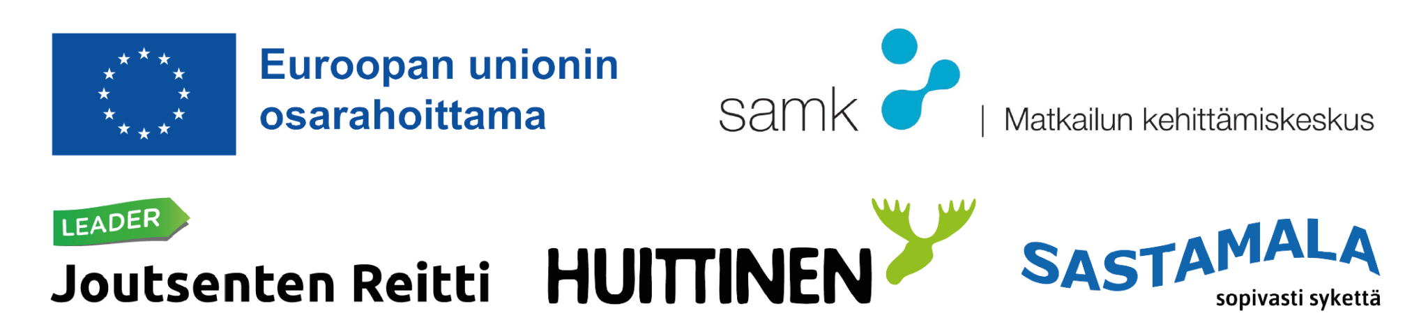 Logot Digikäyttö Logorivi: Euroopan uionin osarahoittama, SAMK matkailun kehittämiskeskus, Leader Joutsenten Reitti, Huittinen, Sastamala.