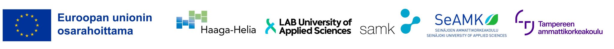 Menestysresepti-hankkeen logot järjestyksessä vasemmalta oikealle: Euroopan unionin osarahoittama, Haaga-Helia ammattikorkeakoulu, LAB-ammattikorkeakoulu, Satakunnan ammattikorkeakoulu, Seinäjoen ammattikorkeakoulu ja Tampereen ammattikorkeakoulu.