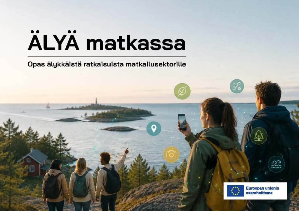 Älyä matkassa oppaan kansikuva jossa saaristomaisema ja ihmisiä.
