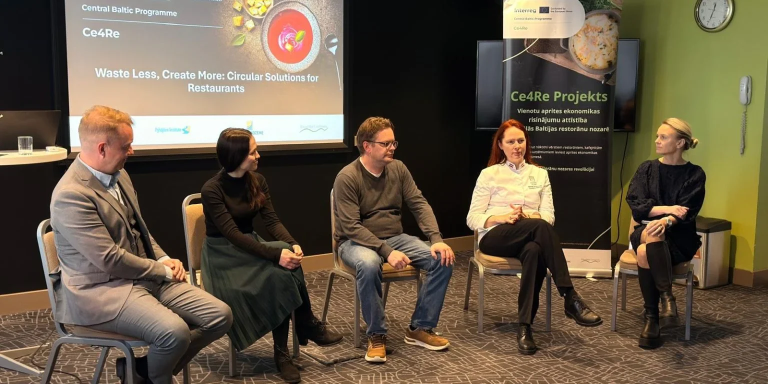 Panel discussion "How Estonian restaurants can benefit from circular economy solutions?" discussed practical ways to implement sustainable solutions in restaurant operations. The discussion was moderated by Külli Kraner (on the right) and featured (in order from left to right) Dr. Altti Näsi (Satakunta University of Applied Sciences), Kristel Kibin, Ted Wendt (Ekomatcentrum), and Svetlana Riškova.