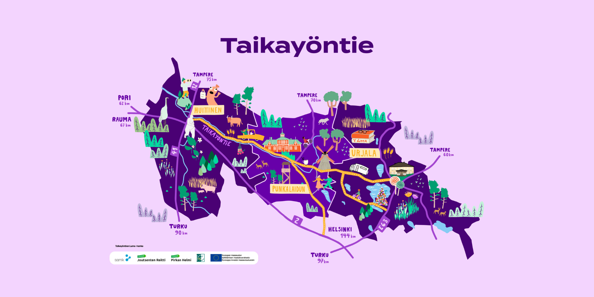 Taikayöntie illustrated map. Illustrator: Eve Sillanpää / Eve the Creator