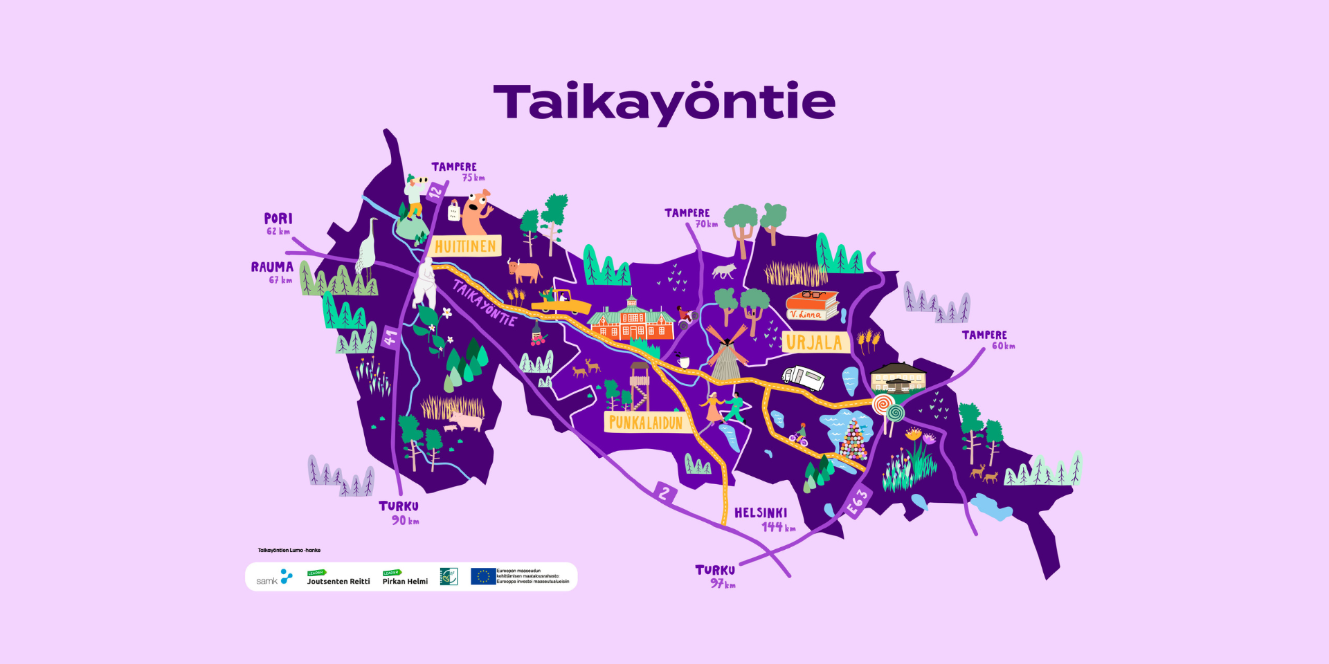 Taikayöntien kuvitettu kartta. Kartan kuvittaja: Eve Sillanpää / Eve the Creator