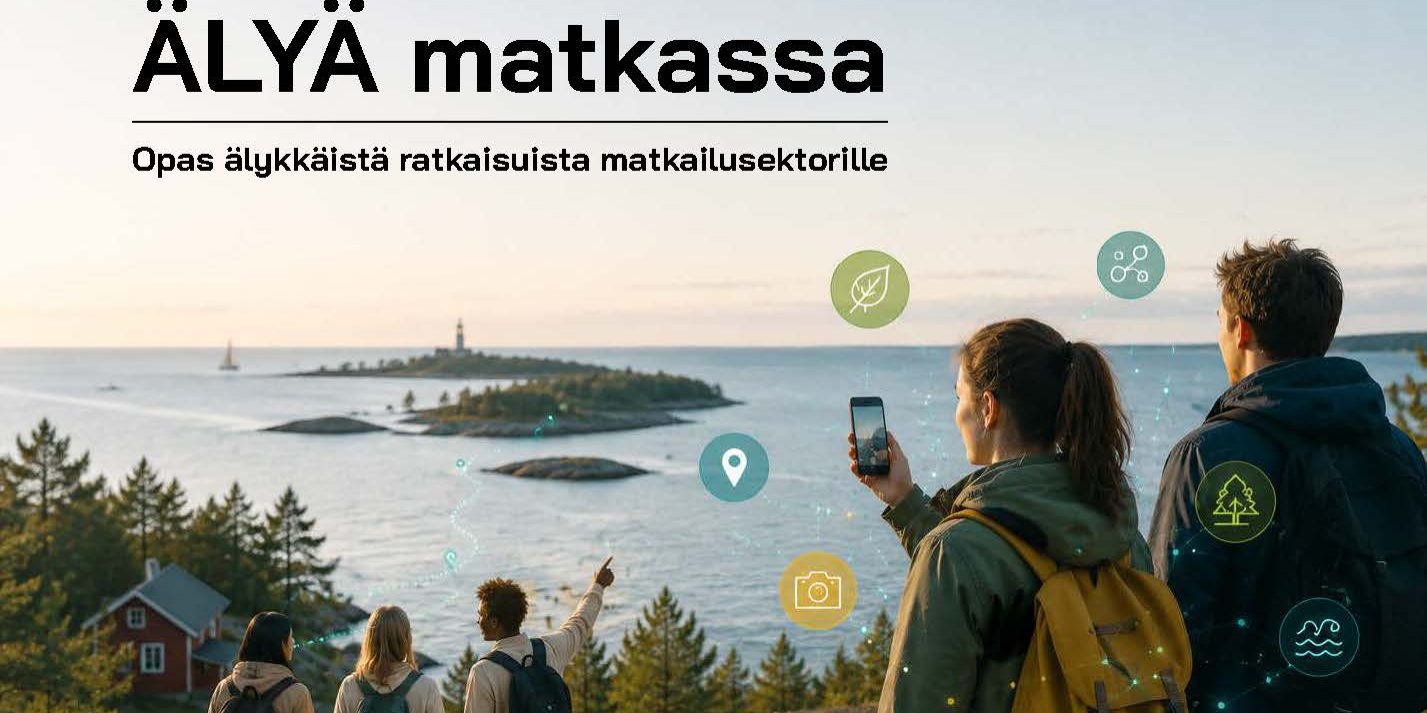 Älyä matkassa oppaan kansikuva jossa saaristomaisema ja ihmisiä.
